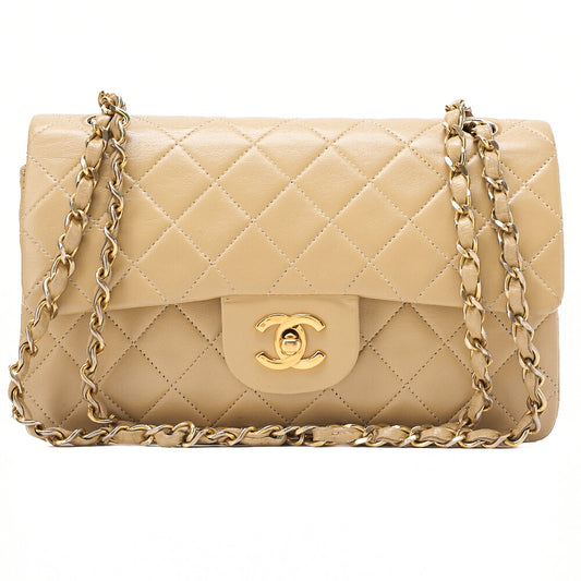 CHANEL Chain Shoulder Bag Matelasse 23cm Double Flap Lambskin Beige Gold-Tone Hardware, Pre-Owned