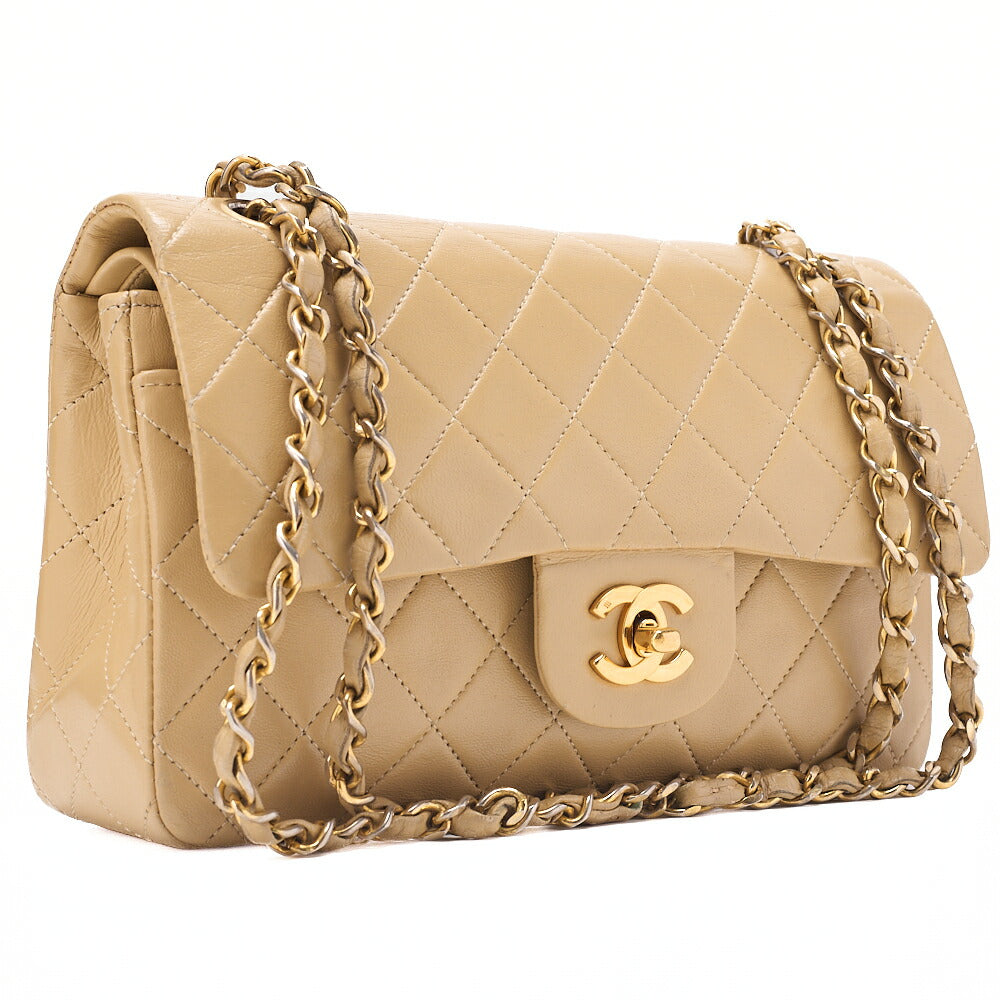 CHANEL Chain Shoulder Bag Matelasse 23cm Double Flap Lambskin Beige Gold-Tone Hardware, Pre-Owned