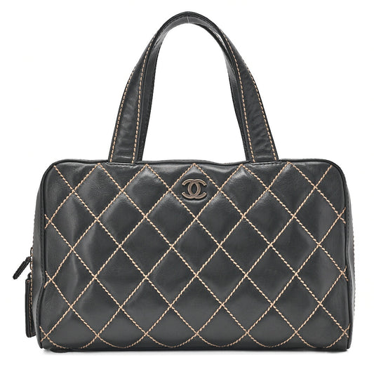 CHANEL Cocomark Wild Stitch Tote Bag Calfskin Black Silver-Tone Hardware, Pre-Owned