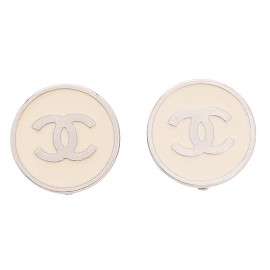 CHANEL Coco Mark 05V Earrings Ivory x Silver-Tone Hardware, Pre-Owned