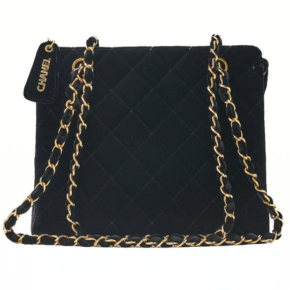 CHANEL Velvet Matlasse Plate Charm W Chain Shoulder Black Gold-Tone Hardware, Pre-Owned