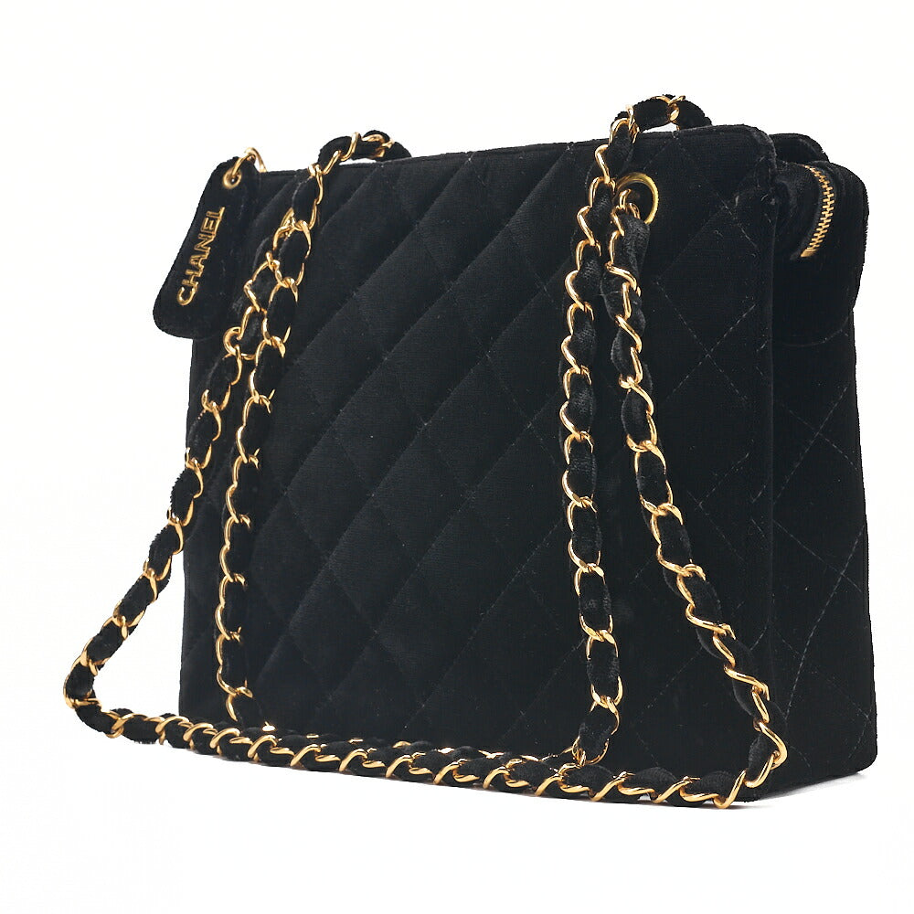 CHANEL Velvet Matlasse Plate Charm W Chain Shoulder Black Gold-Tone Hardware, Pre-Owned
