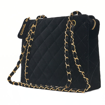 CHANEL Velvet Matlasse Plate Charm W Chain Shoulder Black Gold-Tone Hardware, Pre-Owned
