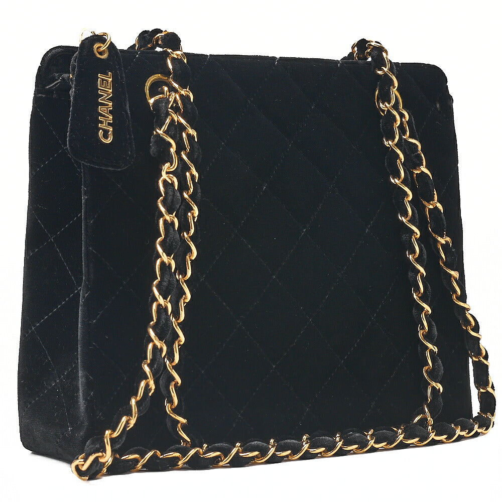 CHANEL Velvet Matlasse Plate Charm W Chain Shoulder Black Gold-Tone Hardware, Pre-Owned