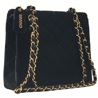 CHANEL Velvet Matlasse Plate Charm W Chain Shoulder Black Gold-Tone Hardware, Pre-Owned