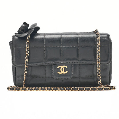CHANEL Chocolate Bar Camellia Chain Shoulder Bag Lambskin Black Gold-Tone Hardware, Pre-Owned