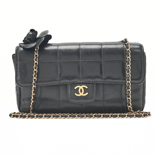 CHANEL Chocolate Bar Camellia Chain Shoulder Bag Lambskin Black Gold-Tone Hardware, Pre-Owned