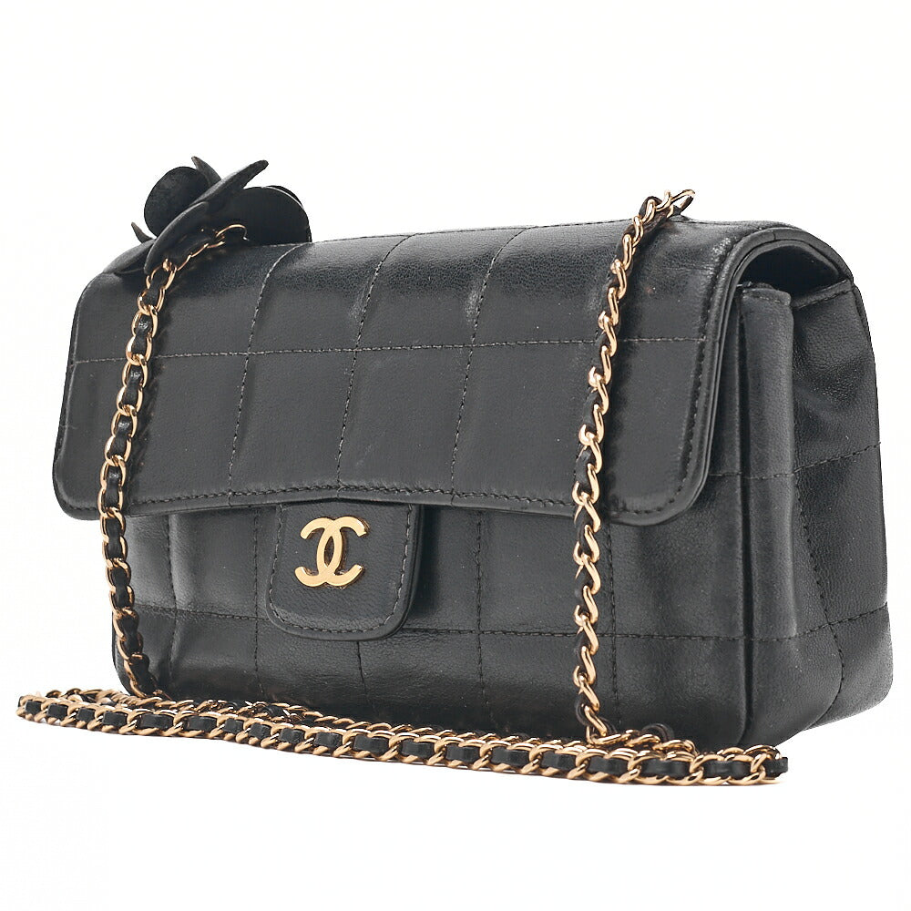 CHANEL Chocolate Bar Camellia Chain Shoulder Bag Lambskin Black Gold-Tone Hardware, Pre-Owned