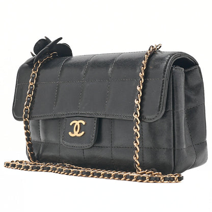 CHANEL Chocolate Bar Camellia Chain Shoulder Bag Lambskin Black Gold-Tone Hardware, Pre-Owned