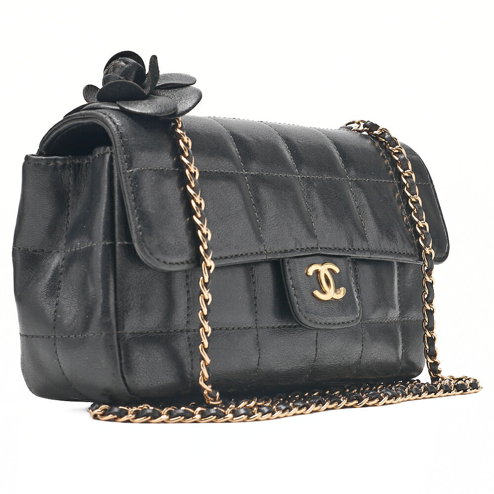 CHANEL Chocolate Bar Camellia Chain Shoulder Bag Lambskin Black Gold-Tone Hardware, Pre-Owned
