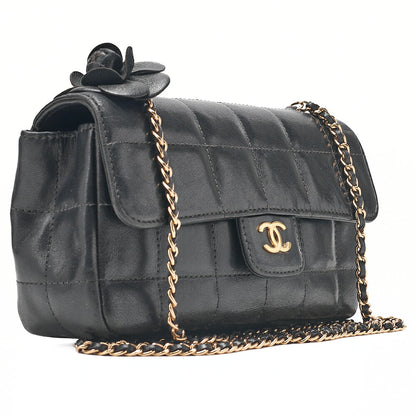 CHANEL Chocolate Bar Camellia Chain Shoulder Bag Lambskin Black Gold-Tone Hardware, Pre-Owned
