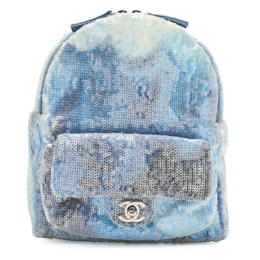 CHANEL Sequin Cocomark Chain Backpack Blue Multicolor Silver-Tone Hardware, Pre-Owned