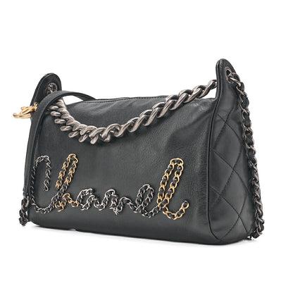 CHANEL Shoulder Bag Logo with Coco Charm 2way Lambskin Black Gold x Silver-Tone Hardware, Pre-Owned
