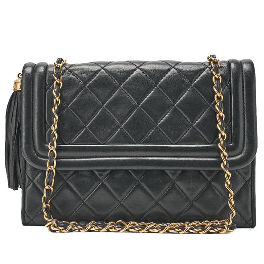 CHANEL Lambskin Matelasse Fringe Magnetic Lock Chain Shoulder Black Gold-Tone Hardware, Pre-Owned
