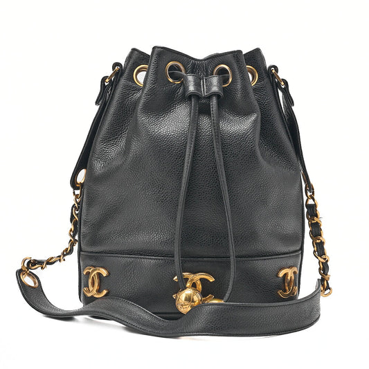 CHANEL Chain Shoulder Bag Triple Coco Caviar Skin Ball Charm Drawstring Black Gold-Tone Hardware, Pre-Owned