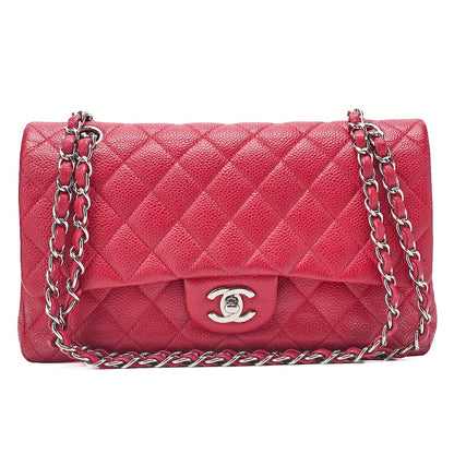 シャネル キャビアスキン マトラッセ 25cm ダブルフラップ チェーンショルダー レッド シルバー金具 中古