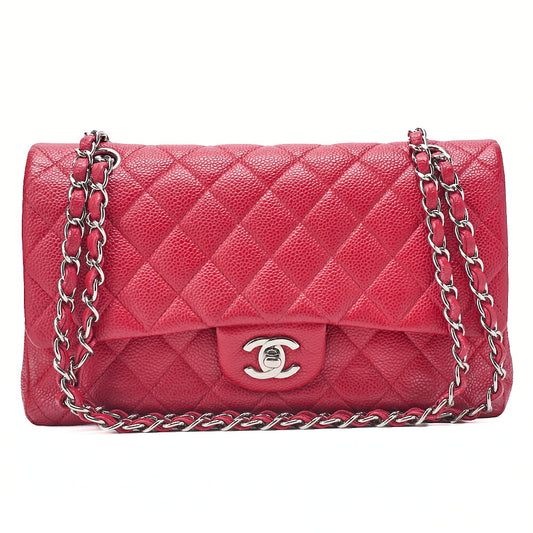 CHANEL Caviar Skin Matelasse 25cm Double Flap Chain Shoulder Red Silver-Tone Hardware, Pre-Owned