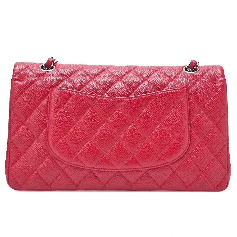 シャネル キャビアスキン マトラッセ 25cm ダブルフラップ チェーンショルダー レッド シルバー金具 中古