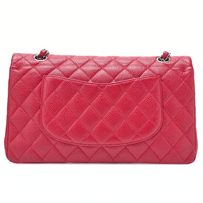 シャネル キャビアスキン マトラッセ 25cm ダブルフラップ チェーンショルダー レッド シルバー金具 中古