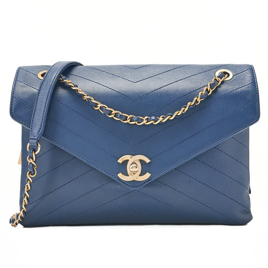 CHANEL Calfskin Chevron V-Flap Chain Shoulder Blue Gold-Tone Hardware, Pre-Owned