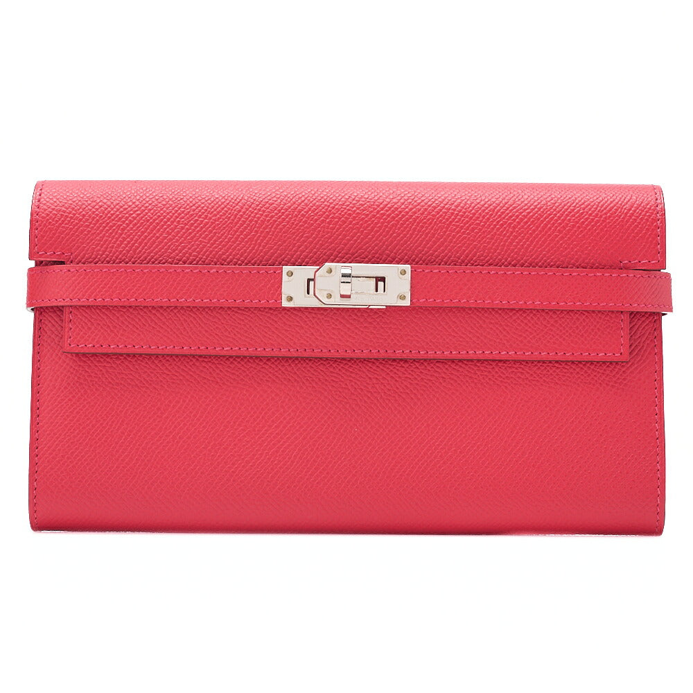 HERMES ケリーウォレット エプソン 2つ折り長財布 ルージュカザック シルバー金具 中古品
