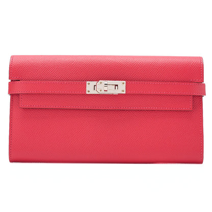 HERMES ケリーウォレット エプソン 2つ折り長財布 ルージュカザック シルバー金具 中古品