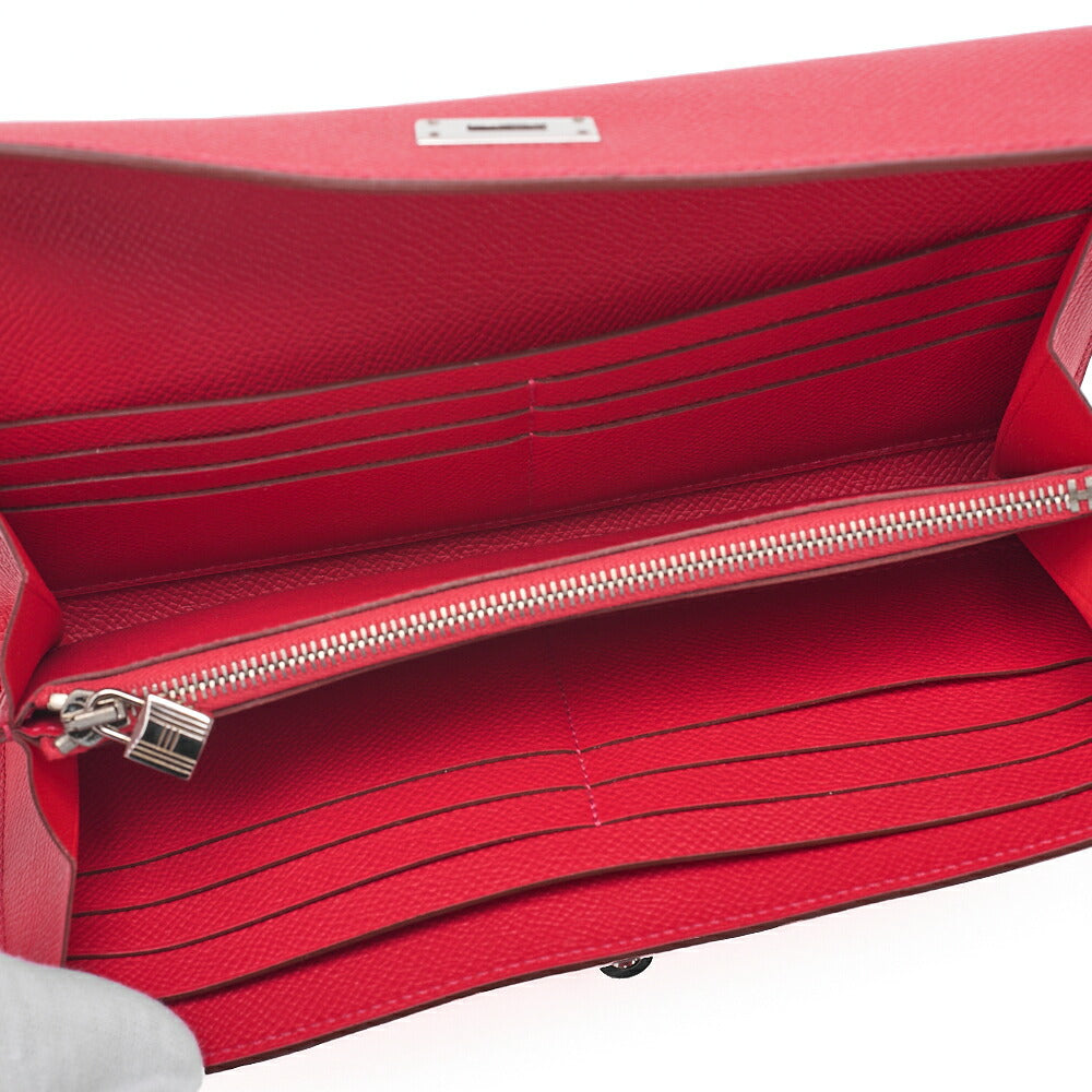 HERMES ケリーウォレット エプソン 2つ折り長財布 ルージュカザック シルバー金具 中古品