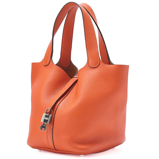 HERMES Picotan Lock MM Handbag Tryon Clemence Orange Poppy Silver-Tone Hardware, Pre-Owned