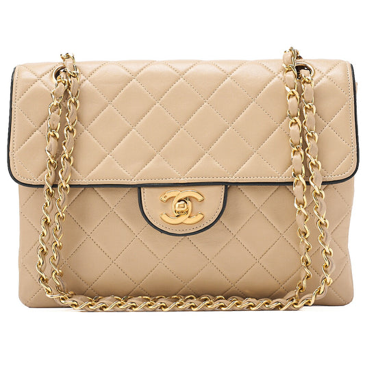 CHANEL Matelasse Single Flap Chain Shoulder Beige x Black Gold-Tone Hardware, Pre-Owned