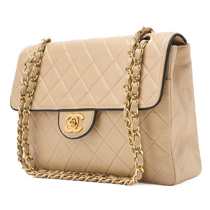 CHANEL マトラッセ シングル フラップ チェーンショルダー ベージュ×ブラック ゴールド金具 中古品