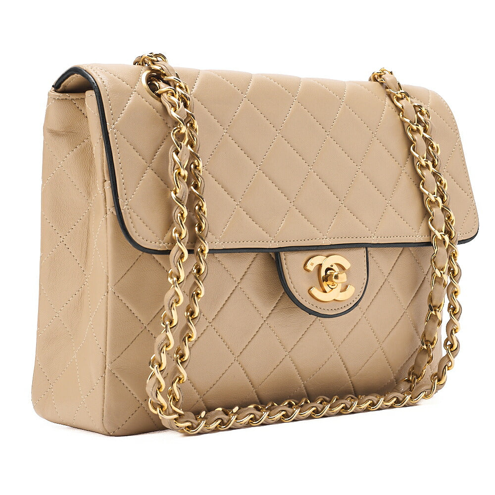 CHANEL マトラッセ シングル フラップ チェーンショルダー ベージュ×ブラック ゴールド金具 中古品