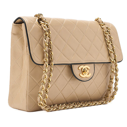 CHANEL マトラッセ シングル フラップ チェーンショルダー ベージュ×ブラック ゴールド金具 中古品