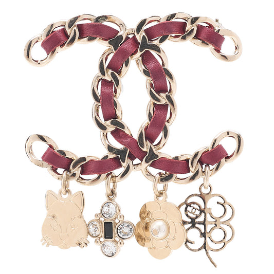 CHANEL Cocomark Icon B17B Brooch GP x Faux Pearl x  Leather Gold Plated Red Gold-Tone Hardware, Pre-Owned