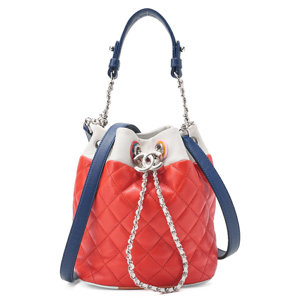 CHANEL Shoulder Bag 2way Matelasse Drawstring Type with Coco Charm Shoulder Bag Lambskin Black x Bicolor Silver-Tone Hardware, Pre-Owned