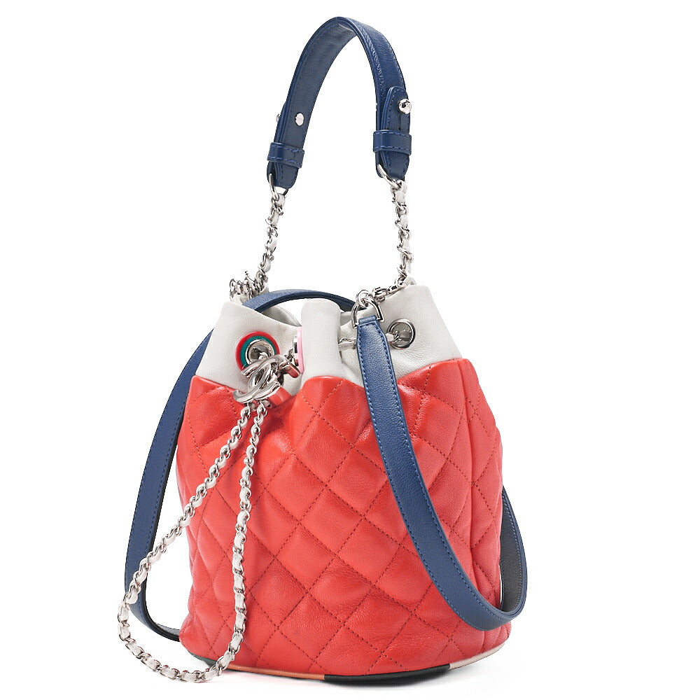 CHANEL Shoulder Bag 2way Matelasse Drawstring Type with Coco Charm Shoulder Bag Lambskin Black x Bicolor Silver-Tone Hardware, Pre-Owned