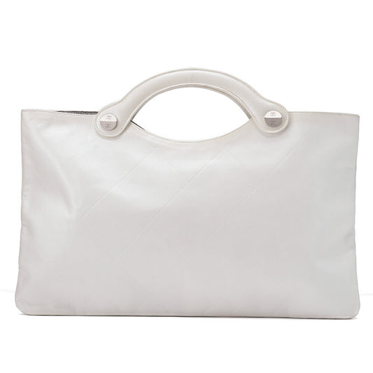 CHANEL Leather Matelasse Hand Coco Mark Fittings Party Bag Pearl White Silver-Tone Hardware, Pre-Owned