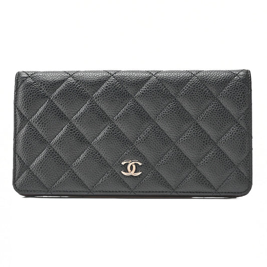 CHANEL Caviar Skin Matelasse Bi-Fold Long Wallet Black Silver-Tone Hardware, Pre-Owned
