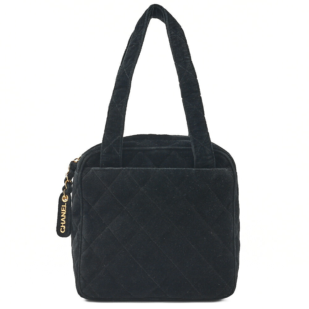 CHANEL Velor Matelasse Logo Charm Handbag Black Gold-Tone Hardware, Pre-Owned