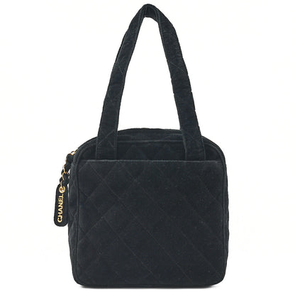CHANEL Velor Matelasse Logo Charm Handbag Black Gold-Tone Hardware, Pre-Owned