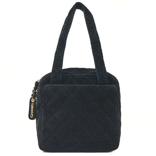 CHANEL Velor Matelasse Logo Charm Handbag Black Gold-Tone Hardware, Pre-Owned