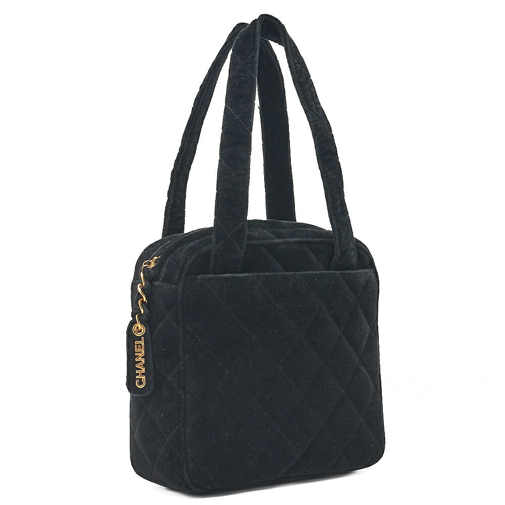 CHANEL Velor Matelasse Logo Charm Handbag Black Gold-Tone Hardware, Pre-Owned