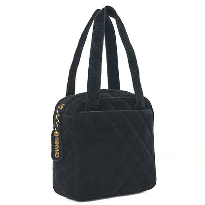CHANEL Velor Matelasse Logo Charm Handbag Black Gold-Tone Hardware, Pre-Owned