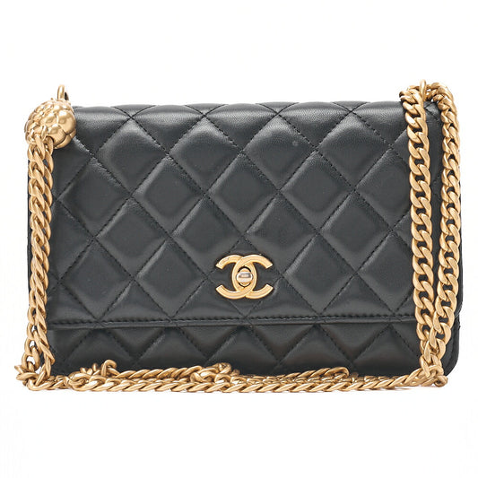CHANEL Matelasse Camellia Ball Chain Wallet Lambskin Black Gold-Tone Hardware, Pre-Owned