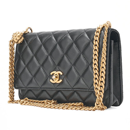 CHANEL Matelasse Camellia Ball Chain Wallet Lambskin Black Gold-Tone Hardware, Pre-Owned