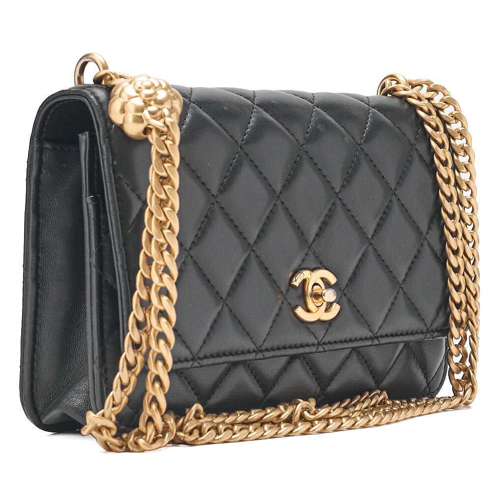 CHANEL Matelasse Camellia Ball Chain Wallet Lambskin Black Gold-Tone Hardware, Pre-Owned