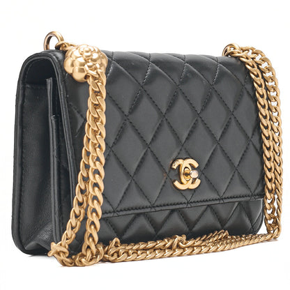 CHANEL Matelasse Camellia Ball Chain Wallet Lambskin Black Gold-Tone Hardware, Pre-Owned