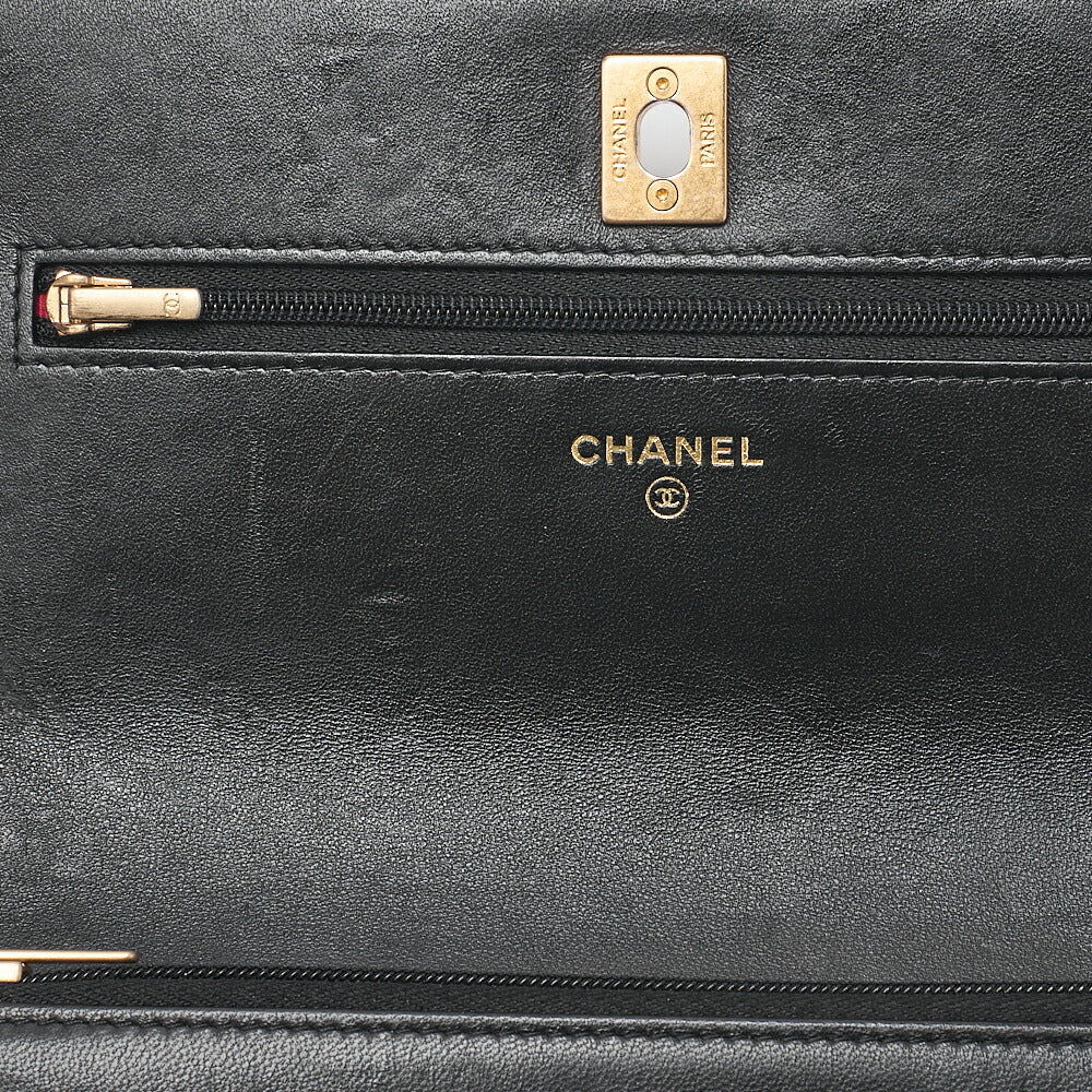 CHANEL Matelasse Camellia Ball Chain Wallet Lambskin Black Gold-Tone Hardware, Pre-Owned