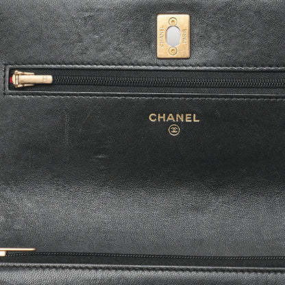 CHANEL Matelasse Camellia Ball Chain Wallet Lambskin Black Gold-Tone Hardware, Pre-Owned