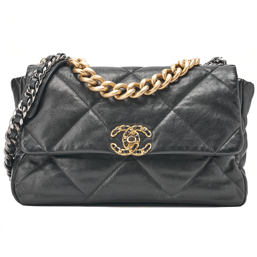 CHANEL Calfskin Matelasse Chanel 19 2-Way Chain Shoulder Black Gold x Silver-Tone Hardware, Pre-Owned