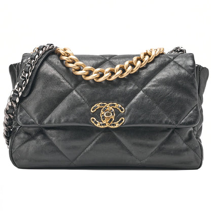 CHANEL Calfskin Matelasse Chanel 19 2-Way Chain Shoulder Black Gold x Silver-Tone Hardware, Pre-Owned